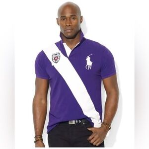 Polo Ralph Lauren Purple White Banner Custom Fit Crest Logo Rugby Shirt Size L